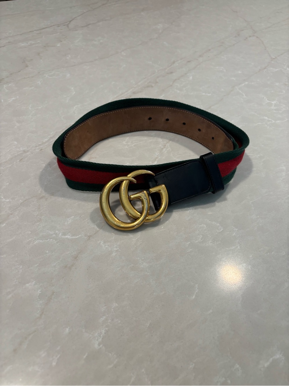 Gucci Web Belt Green Red Stripe Double G Gold Buckle Size 90/36 409416